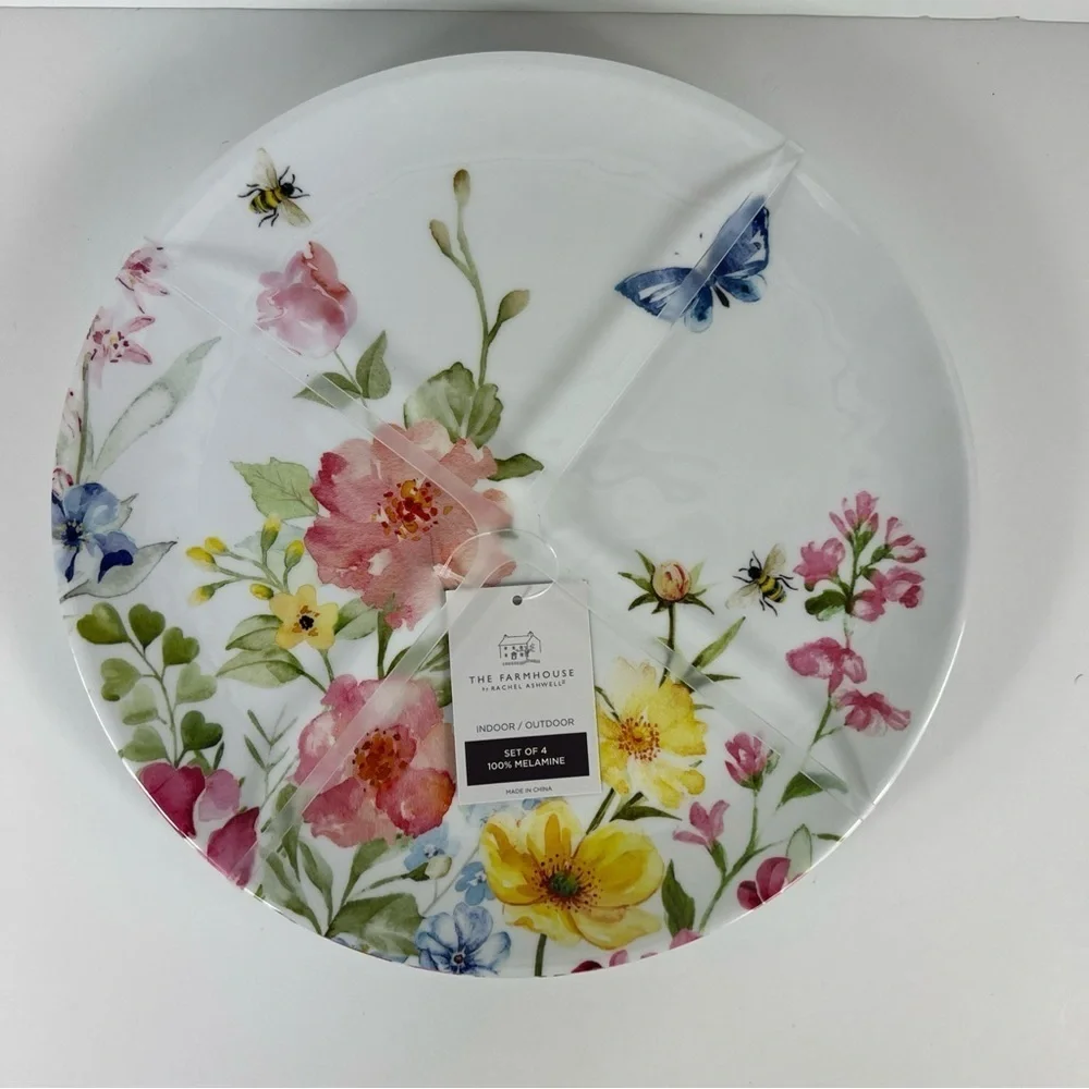 Rachel Ashwell The Farmhouse Melamine Dinner Plates Floral Spring Set of 4 NEW